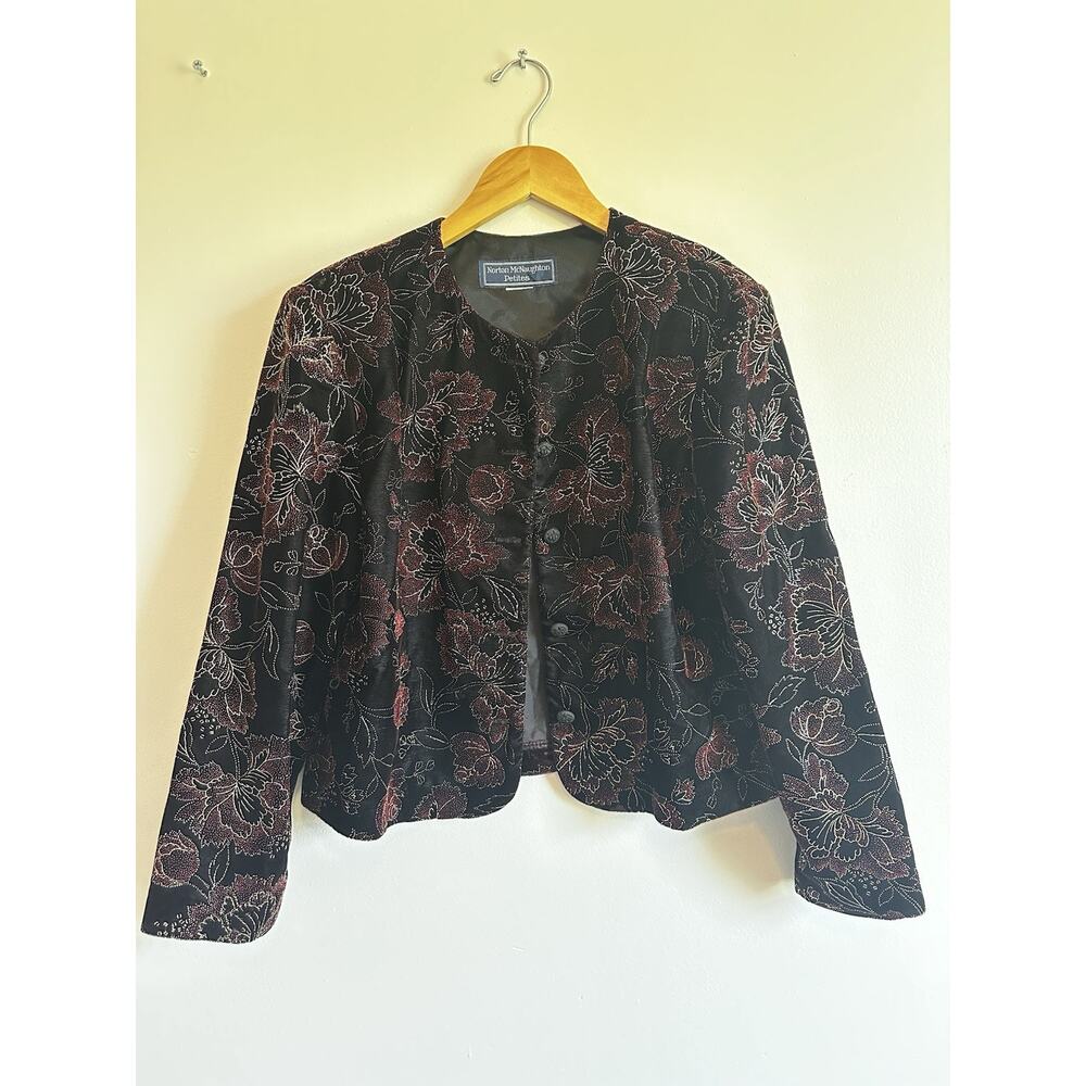 Norton McNaughton Petite Velvet Jacket With Red & Gold Floral Pattern Best M